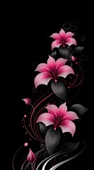 Black background wallpaper for phone, pink & white flower with black leaves illustration