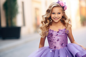 Little girl wearing glitter sequinned dress with a tulle skirt and hair accessory.