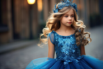 Little girl wearing glitter sequinned dress with a tulle skirt and hair accessory.