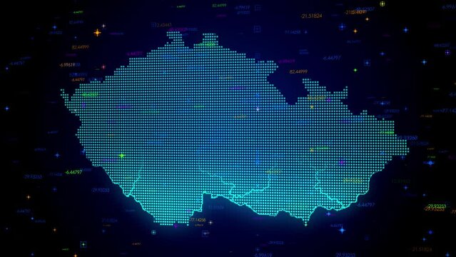 Futuristic Motion View Blue Colorful Shiny Digital Technology Hud Dots Mosaic Grid Czech Republic Map Separate Regions Light Scanning With Numeric Tech Particles, Seamless Loop