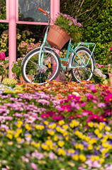 Fototapeta na wymiar bicycle in flower lane. street or garden decoration idea
