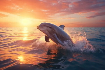 Bottlenose dolphin jump over ocean with beautiful sunset background