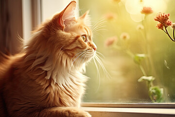 A cat perched on a windowsill, cute pet watching the world 