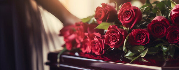 woman putting roses on coffin lid, mourning illustration