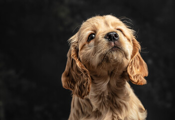 Puppy English Cocker Spaniel sitting, Little dog on a gray background, place for text