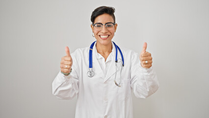 Young beautiful hispanic woman doctor doing thumbs up over isolated white background