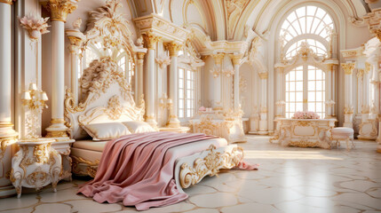 Bedroom interior decorated in fancy posh neoclassicism style with white, beige, golden and pink...