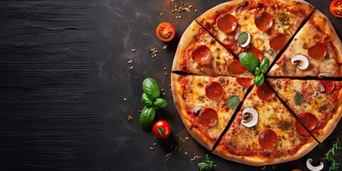 Obraz na płótnie Canvas Top view of freshly delicious homemade pizza with cheese and tomato on rustic wooden table Italian restaurant delicacy