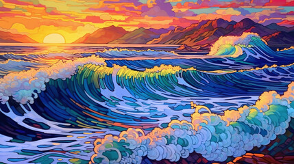 Late summer sunset on a rough sea; Restless waves; Cloudy sky; Sunset behind the hill; The reflection of the sun's rays on the sea 
Aspect ratio 16:9 
Resolution 5824x3264