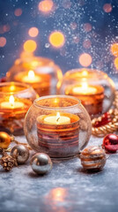Christmas Decorations With Colorful Candles On A Snowy Christmas Background AI Generative