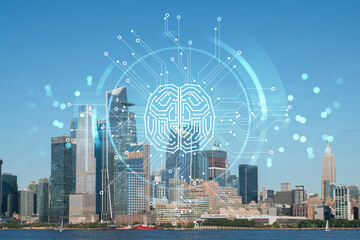 New York City skyline from New Jersey over Hudson River towards the Hudson Yards at day. Manhattan, Midtown. Artificial Intelligence concept, hologram. AI, machine learning, neural network, robotics
