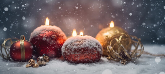 Christmas Decorations With Colorful Candles On A Snowy Christmas Background AI Generative