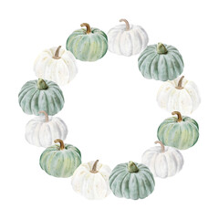 Hand drawn watercolor wreath with white and green pumpkins