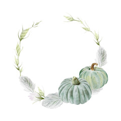 Hand drawn watercolor wreath with green pumpkins