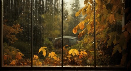 A window with a view of rainy autumn garden - obrazy, fototapety, plakaty