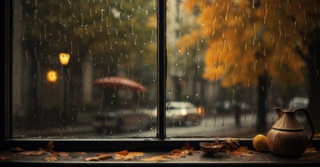 A vase sitting on a window sill in front of a rainy window