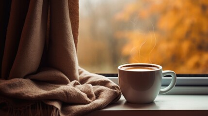 A cup of coffee sitting on a window sill
