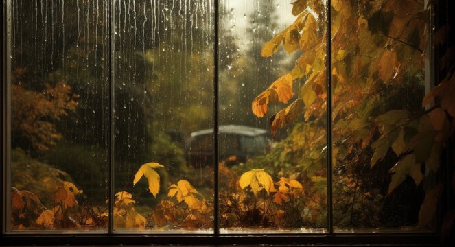 Fototapeta A window with a view of rainy autumn garden