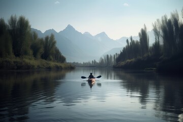 Fototapeta na wymiar A person kayaking down a scenic river