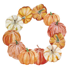 Hand drawn watercolor wreath with orange pumpkins