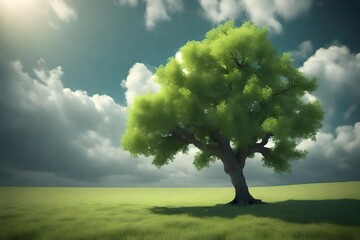 Fototapeta na wymiar A lonely green oak tree in the field