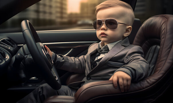 un bébé en costume avec lunettes de soleil est assis au volant d'une voiture