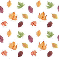 Handpainted watercolor seamless pattern with autumn leaves
