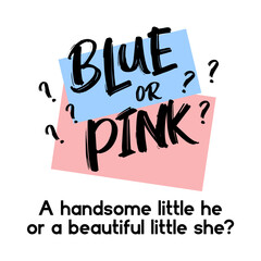 Blue or Pink? Gender reveal party card, banner vector element design. Invitation card template with a multi-colored inscription