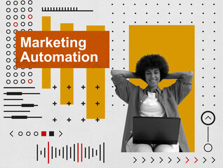 Modern collage. Happy woman with a laptop and sign marketing automation.