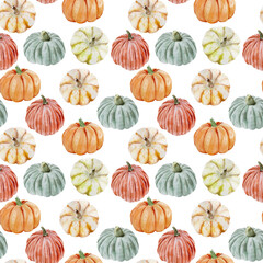 Handpainted seamless watercolor pattern with pumpkins