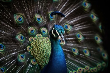 Obraz premium A majestic peacock displaying its vibrant feathers in full bloom