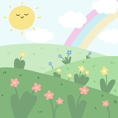 spring landscape with flowers, sun, rainbow