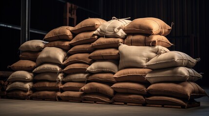 Fototapeta premium Generative AI, Stack hemp sacks of rice or coffee, industrial storage