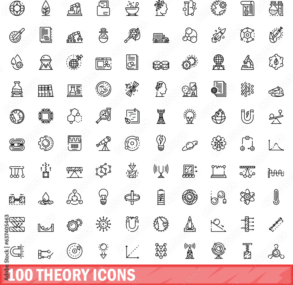 Poster 100 theory icons set. outline illustration of 100 theory icons vector set isolated on white backgrou