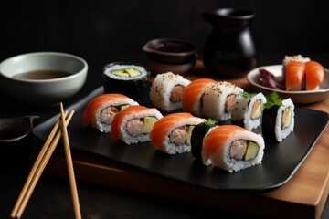 Delicious sushi dish with chopsticks on a black plate