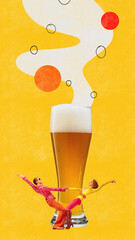 Contemporary art collage with woman and man dancers dressed retro dancing with huge beerglass over colorful painted background. Ad. Poster