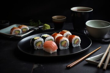 A delicious plate of sushi with chopsticks on a wooden table