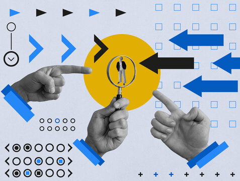 Collage about customer focus. The hand holds magnifying glass and a client.