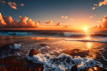 Fototapeta na wymiar a painting of a sunset over the ocean with waves crashing on the shore and clouds in the sky over the ocean and the beach area 3d rendering