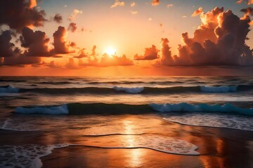 Fototapeta na wymiar a painting of a sunset over the ocean with waves crashing on the shore and clouds in the sky over the ocean and the beach area 3d rendering