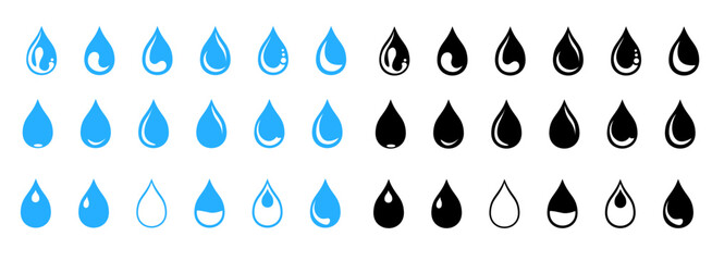 Water drop icon set. Flat droplet logo shapes collection, Blood or oil drop. Plumbing logo. Flat style outline. Vector illustration - Powered by Adobe