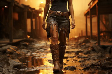 Close-up of a woman in a brown dress and cowboy boots walking through the field