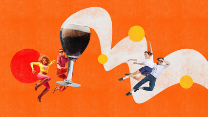Contemporary art collage of dancers, woman and man dressed retro, do pirouettes, beautiful movements with huge glass of foamy beer. Ad. Poster © Lustre Art Group 