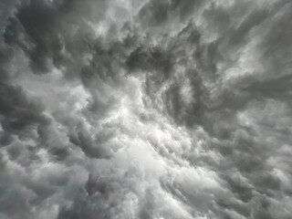 Stormy dark dramatic clouds on sky. Bad weather meteorological background