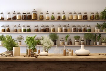 Herbal apothecary aesthetic. Jars with dry herbs and flowers on a beige background in the interior. With Generative AI technology - obrazy, fototapety, plakaty