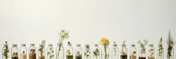 Fotobehang Herbal apothecary aesthetic. Jars with dry herbs and flowers on a beige background. With Generative AI technology © Мария Фадеева