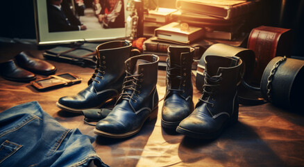 Black leather boots, denim jeans, leather belt. Still life. Advertising and marketing, studio photo. Weathered boots. Worker. Tradie, tradesperson. Golden hour.