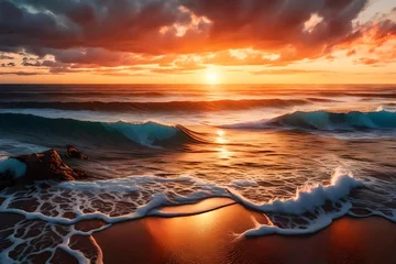 Tuinposter a painting of a sunset over the ocean with waves crashing on the shore and clouds in the sky over the ocean and the beach area 3d rendering © Haseeb