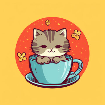 Cat and cup. Cartoon style. AI generated