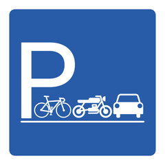 Printable isolated rectangle square blue and white parking area, with illustration pictogram of car, motor bike, motorcycle, bicycle, vehicle park lot sign